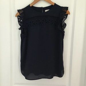 LOFT navy blue babydoll top with lace and ruffle details
